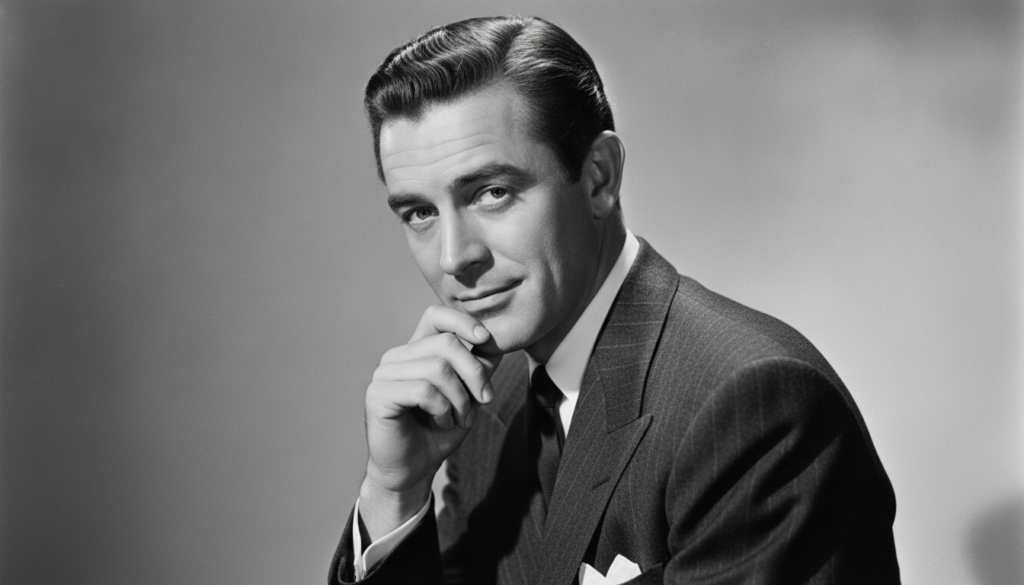 A black and white portrait of Cary Grant in a pinstripe suit debonair pose with one hand gently touching his jawline and