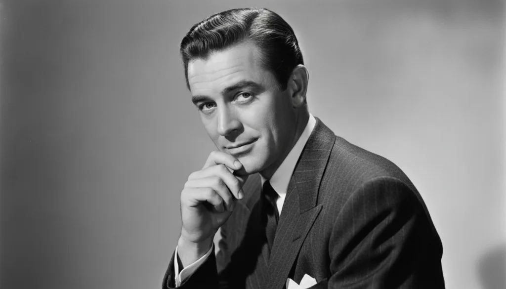 A black and white portrait of Cary Grant in a pinstripe suit debonair pose with one hand gently touching his jawline and