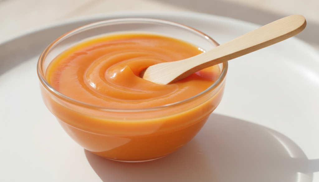 A close-up of a vibrant orange anti-aging face mask in a small elegant glass bowl with a small bamboo spatula or spoon r