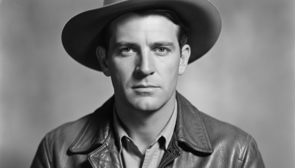 A striking black and white portrait of a young Gary Cooper looking intensely at the camera embodying his classic strong 