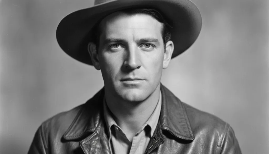 A striking black and white portrait of a young Gary Cooper looking intensely at the camera embodying his classic strong 