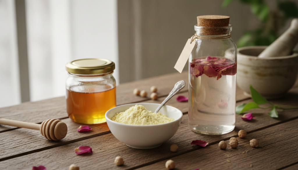 Ingredients for the face mask laid out a bowl of gram flour a small bottle of rose water and a jar of honey