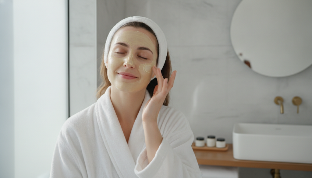 A woman gently applying a light yellow paste mask to her face with her fingertips in a clean bathroom setting