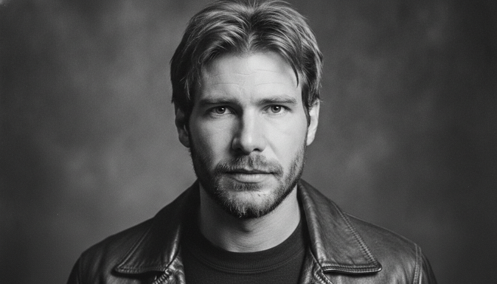 A black and white photo of a young handsome Harrison Ford from his early career days looking thoughtful