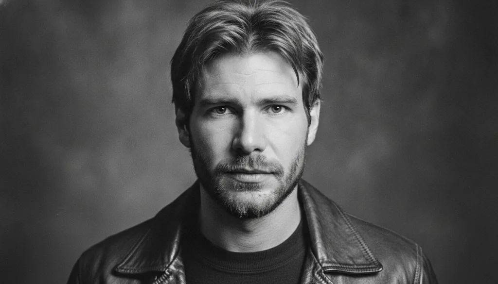 A black and white photo of a young handsome Harrison Ford from his early career days looking thoughtful
