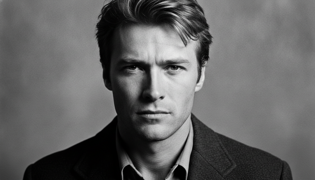 A black and white portrait of a young Clint Eastwood with a stoic expression looking directly at the camera embodying th