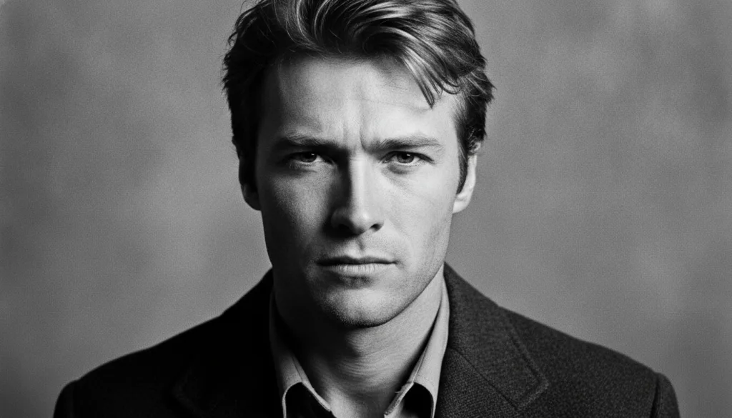 A black and white portrait of a young Clint Eastwood with a stoic expression looking directly at the camera embodying th