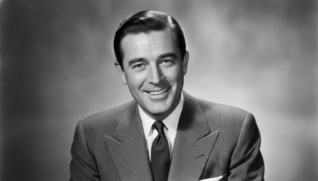 A classic black and white portrait of a handsome Cary Grant smiling charmingly with impeccably groomed hair and a dimple