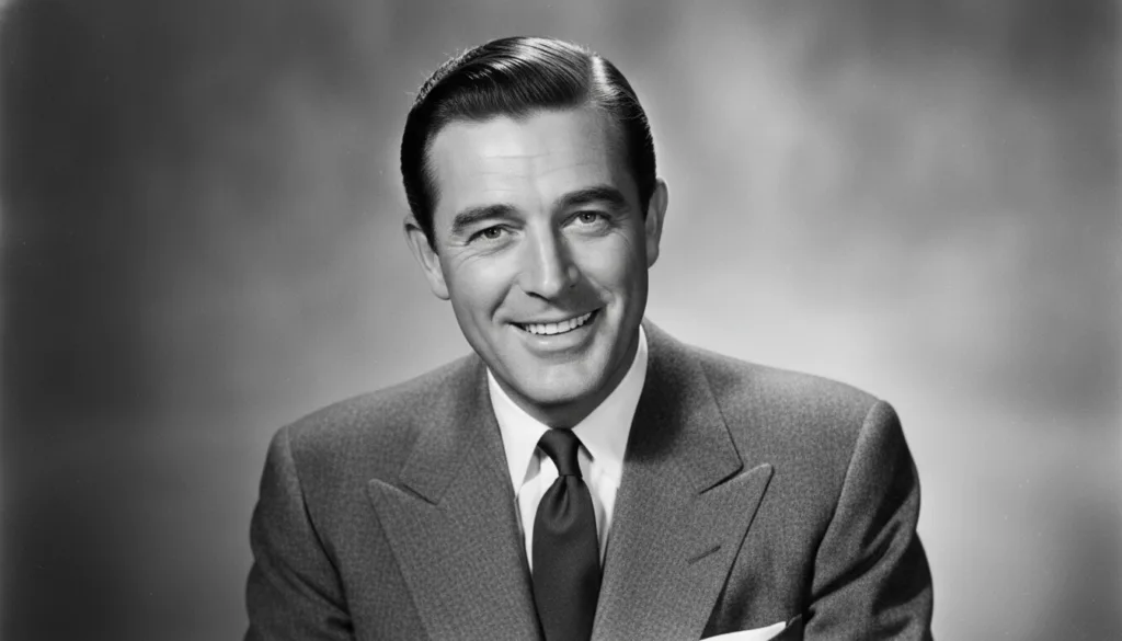 A classic black and white portrait of a handsome Cary Grant smiling charmingly with impeccably groomed hair and a dimple