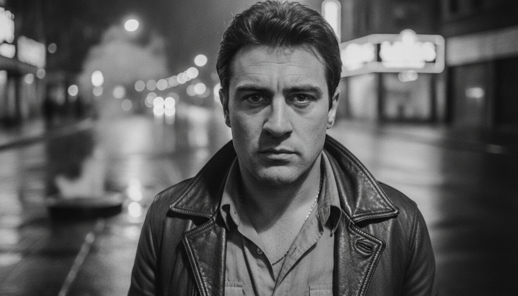 A captivating still image of a young Robert De Niro likely from a 1970s film showing his characteristic intense gaze and