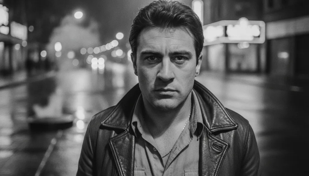 A captivating still image of a young Robert De Niro likely from a 1970s film showing his characteristic intense gaze and