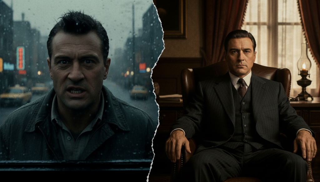 A collage or split image showing Robert De Niro in two iconic roles one from his early career e g Taxi Driver and one fr