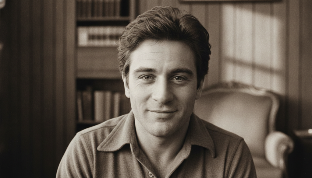 A vintage warm-toned photograph of a young Robert De Niro smiling with wavy brown hair looking charismatic