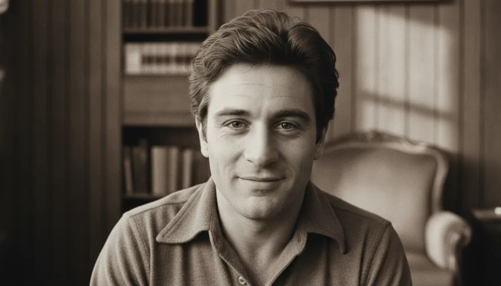 A vintage warm-toned photograph of a young Robert De Niro smiling with wavy brown hair looking charismatic