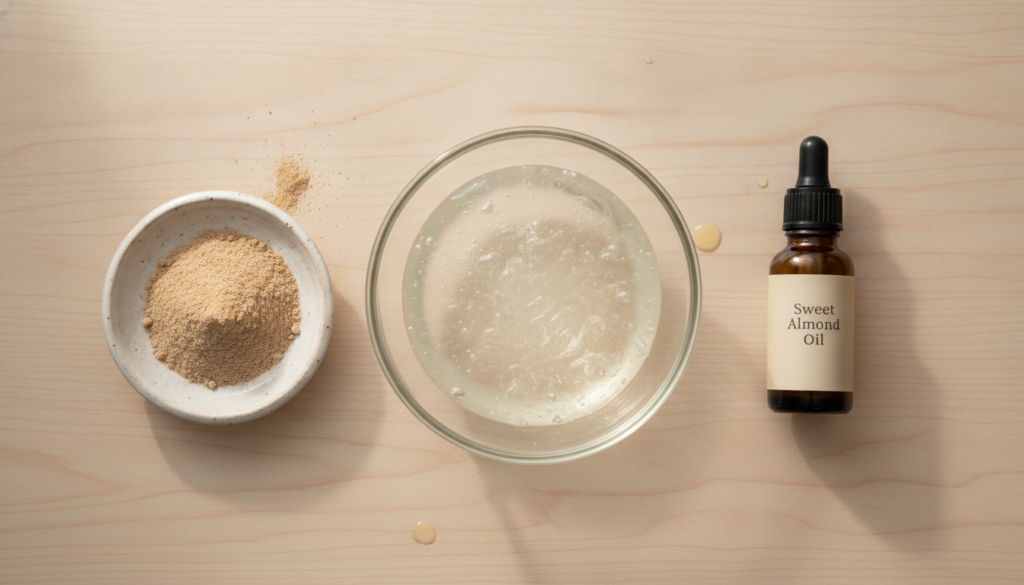 Ingredients for homemade collagen skin gel a bowl of aloe vera gel a small pile of amla powder and a small bottle of alm