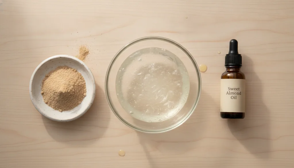 Ingredients for homemade collagen skin gel a bowl of aloe vera gel a small pile of amla powder and a small bottle of alm