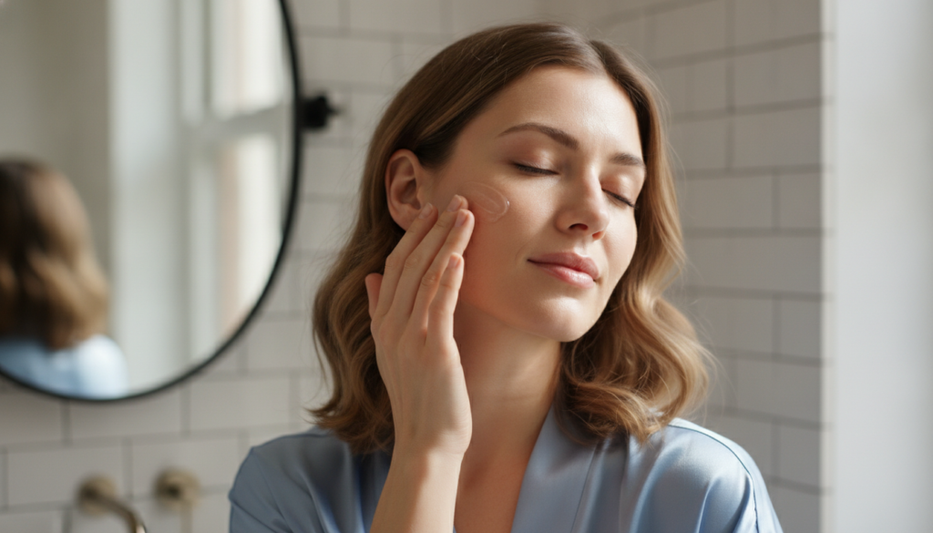A woman gently massaging a clear light-colored gel onto her face with a soft radiant glow on her skin