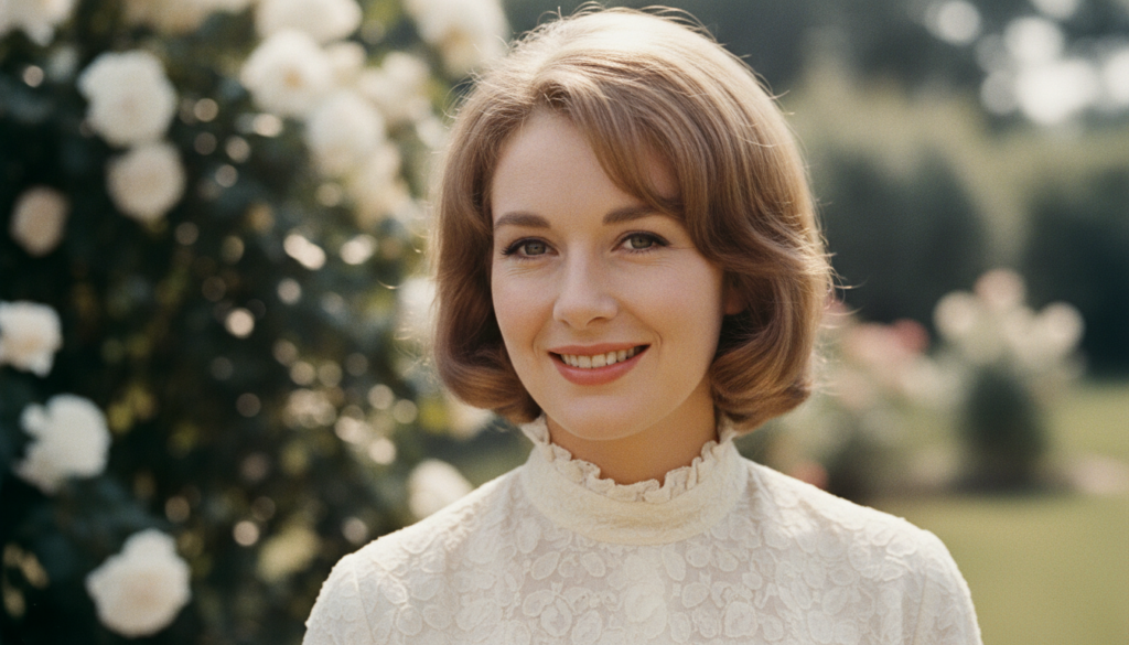 A radiant portrait of Julie Andrews in her prime smiling elegantly
