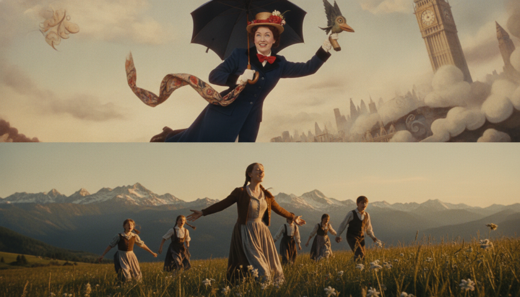 A split image showing Julie Andrews as Mary Poppins and as Maria von Trapp from The Sound of Music