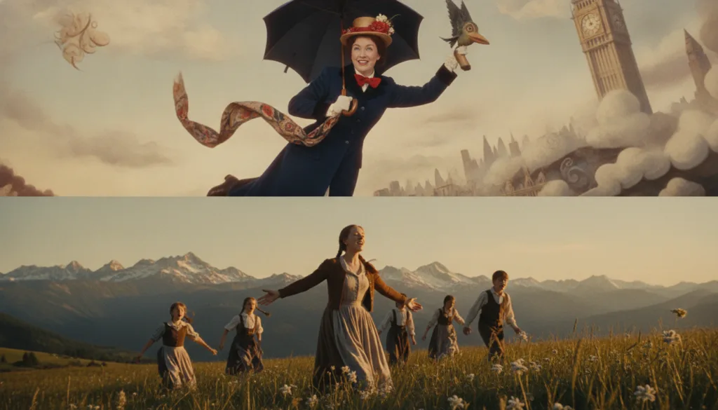 A split image showing Julie Andrews as Mary Poppins and as Maria von Trapp from The Sound of Music