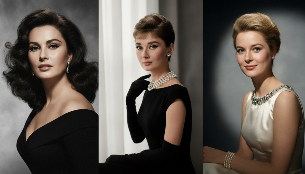 A collage featuring glamorous portraits of Sophia Loren Audrey Hepburn and Grace Kelly