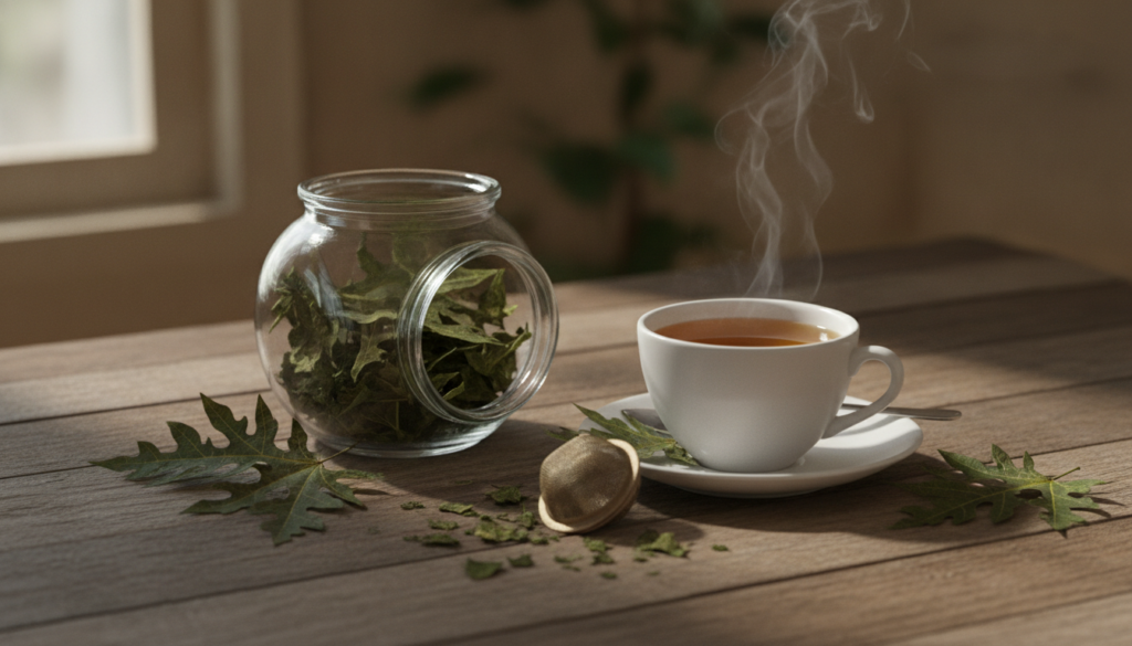 An open glass jar filled with dried crushed papaya leaves next to a cup of freshly brewed papaya leaf tea on a wooden ta