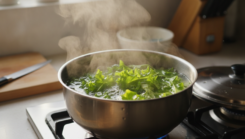 Close-up of fresh green papaya leaves being gently simmered in a pot of water on a stovetop steam rising faintly