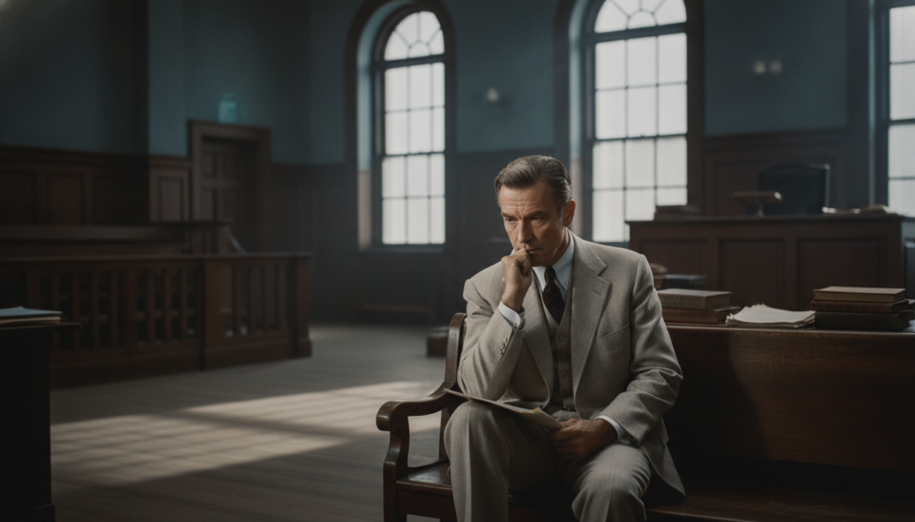 Gregory Peck as Atticus Finch looking thoughtful and dignified in a courtroom setting from To Kill a Mockingbird