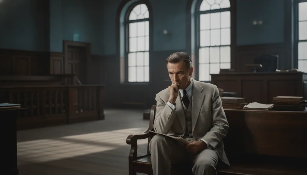 Gregory Peck as Atticus Finch looking thoughtful and dignified in a courtroom setting from To Kill a Mockingbird