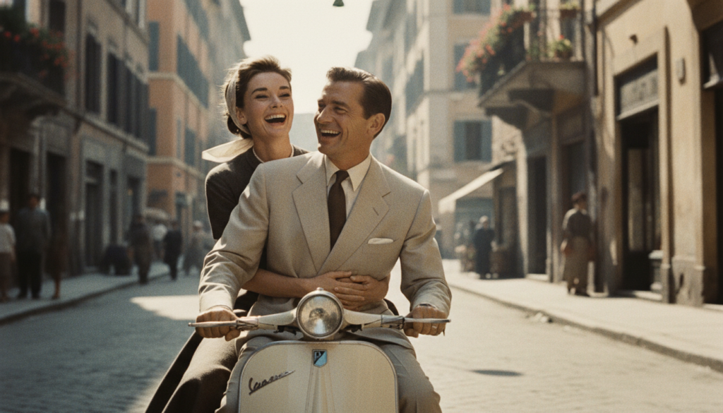 Gregory Peck and Audrey Hepburn laughing together on a Vespa in Rome from Roman Holiday