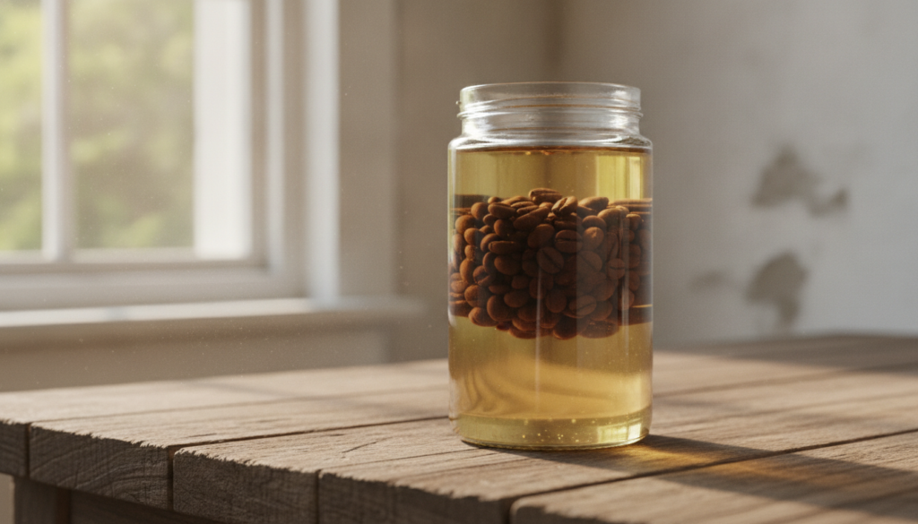 A close-up of a small glass jar filled with baby oil and coffee beans infusing placed on a wooden surface in soft diffus