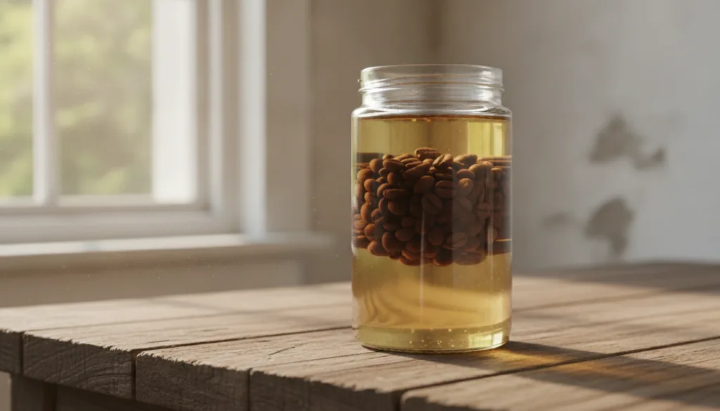 A close-up of a small glass jar filled with baby oil and coffee beans infusing placed on a wooden surface in soft diffus