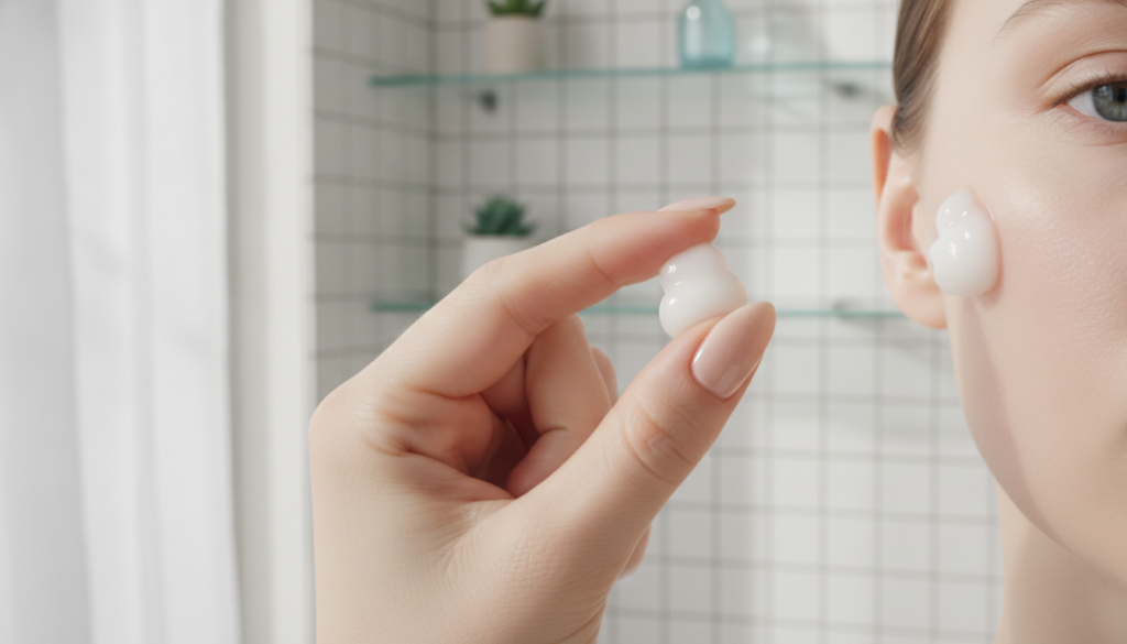 A person s hand applying a small amount of the light cloudy gel onto their cheek demonstrating the smooth texture