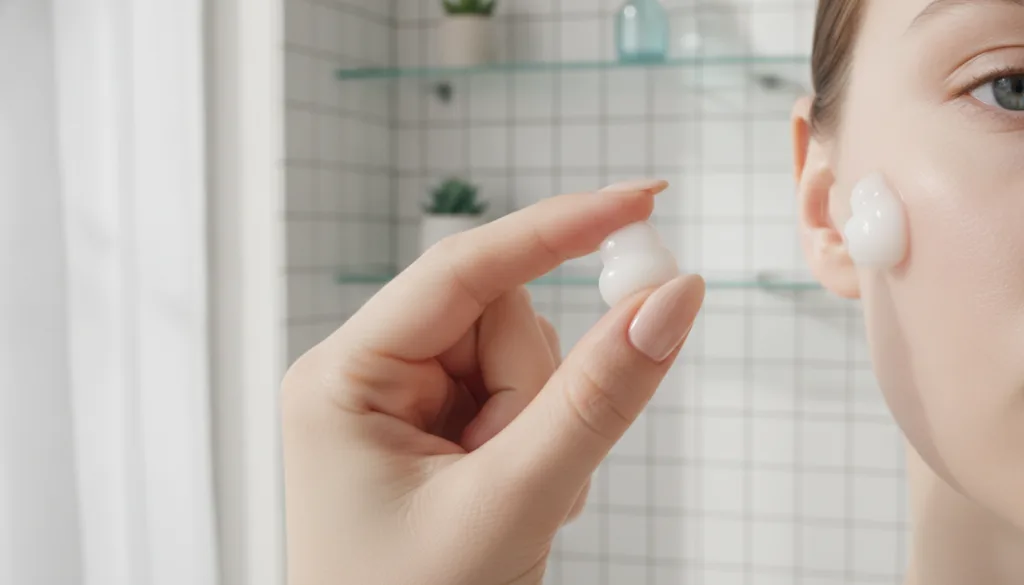 A person s hand applying a small amount of the light cloudy gel onto their cheek demonstrating the smooth texture