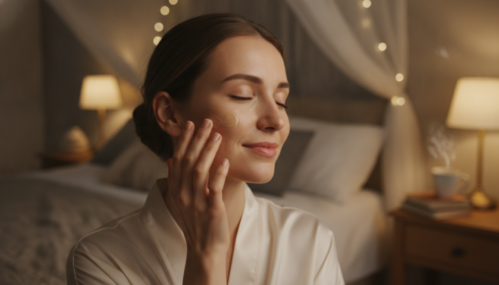 A woman gently massaging a small amount of balm onto her face as part of her nightly routine in a soft comfortable setti