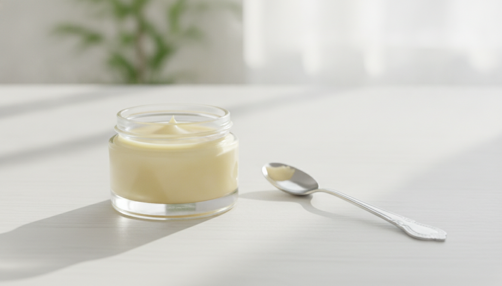 A small glass jar filled with a freshly mixed pale yellow balm solidifying with a spoon nearby