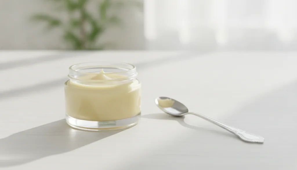 A small glass jar filled with a freshly mixed pale yellow balm solidifying with a spoon nearby