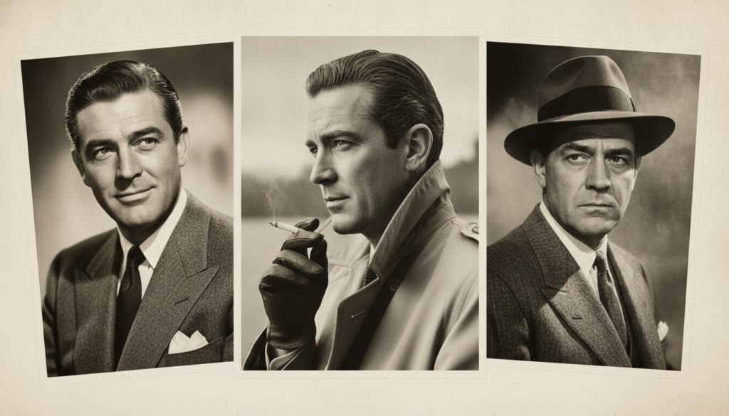 A collage featuring Cary Grant Gregory Peck and Humphrey Bogart