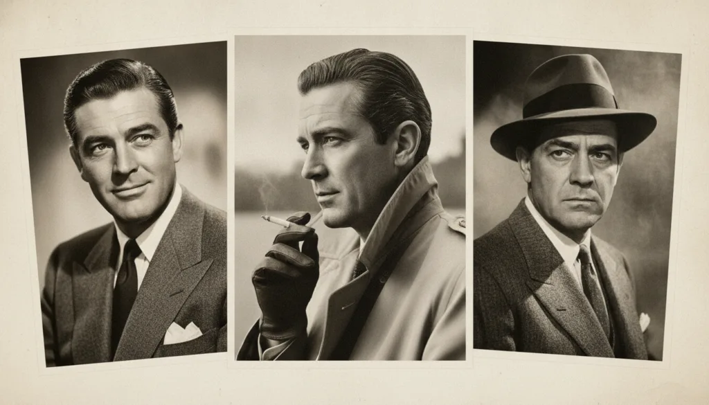 A collage featuring Cary Grant Gregory Peck and Humphrey Bogart