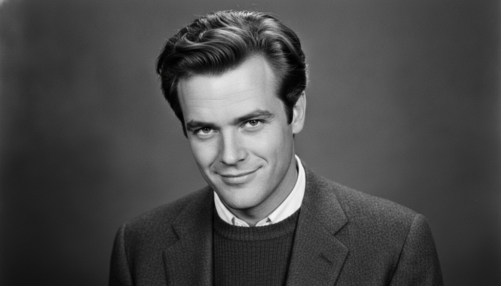 A black and white portrait of a young Jack Nicholson in his early acting career possibly from the 1960s He has a slight 