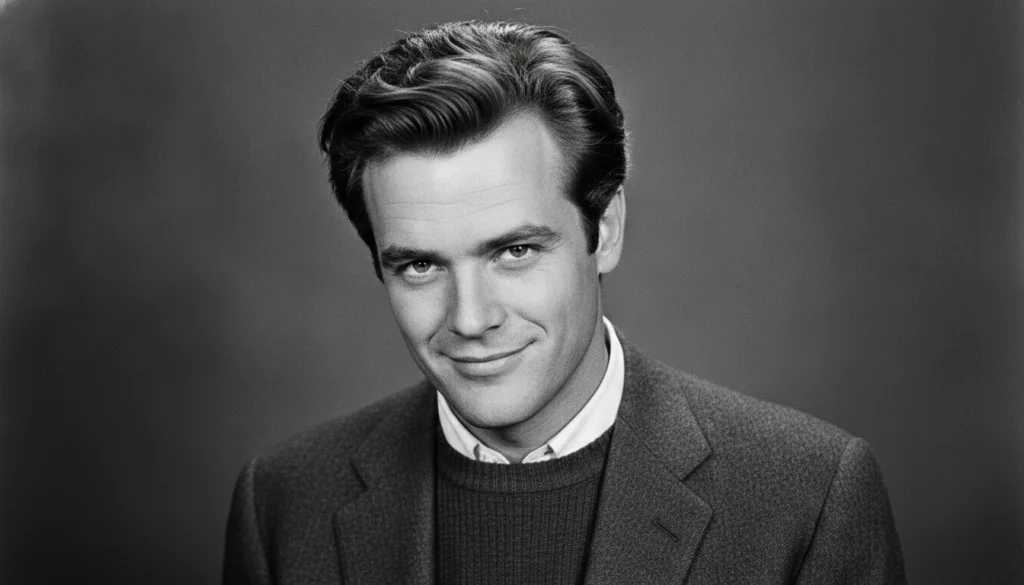 A black and white portrait of a young Jack Nicholson in his early acting career possibly from the 1960s He has a slight 