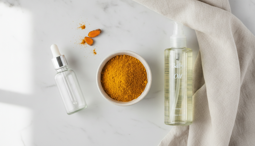 Ingredients for turmeric baby oil elixir a small bowl of turmeric powder a bottle of baby oil and an empty glass bottle 