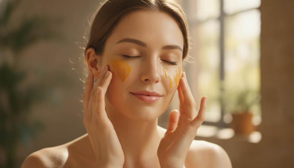 A woman gently massaging the turmeric baby oil elixir onto her face with soft circular motions showing a nourished and g