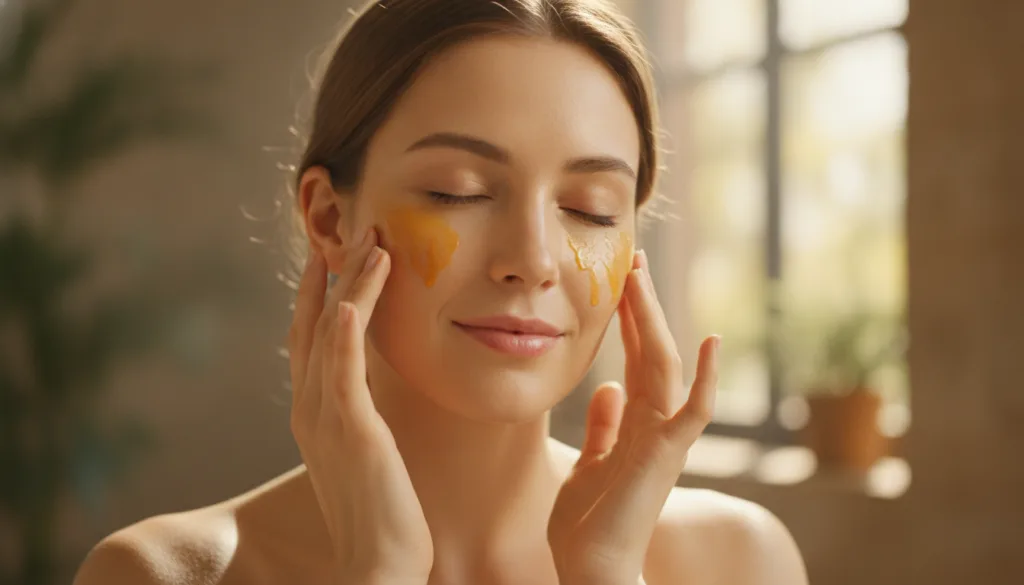 A woman gently massaging the turmeric baby oil elixir onto her face with soft circular motions showing a nourished and g