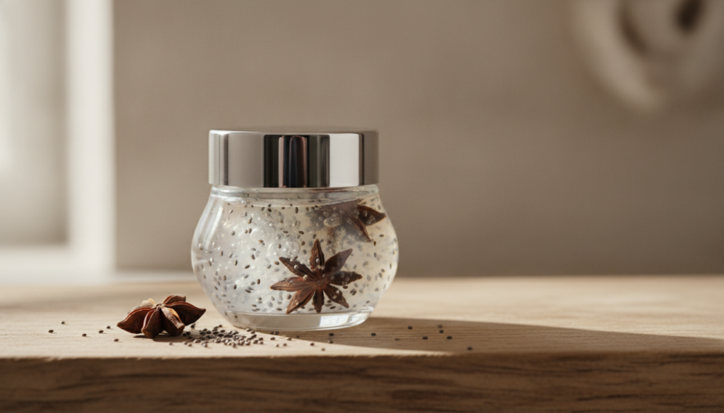 A small glass jar filled with the finished chia seed and star anise night gel sitting on a natural wood surface with sof