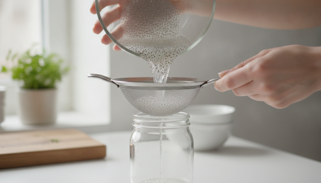 Hands straining a chia seed gel through a fine-mesh sieve into a glass jar showing the thick gel texture