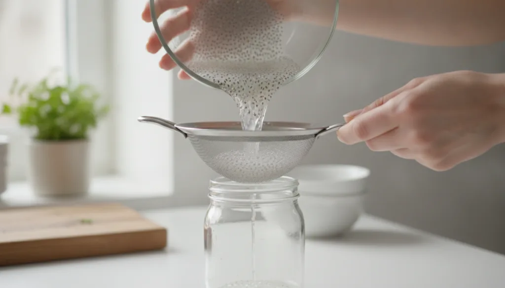 Hands straining a chia seed gel through a fine-mesh sieve into a glass jar showing the thick gel texture
