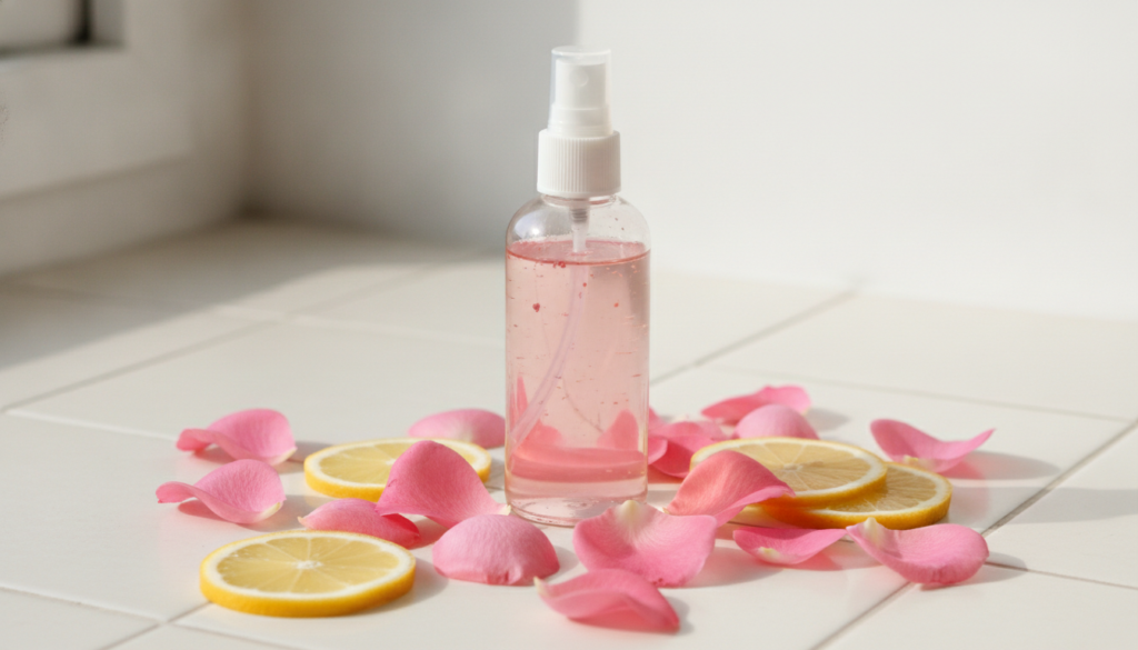 A clear spray bottle filled with a pink-tinted rose water and lemon toner surrounded by fresh pink rose petals and lemon