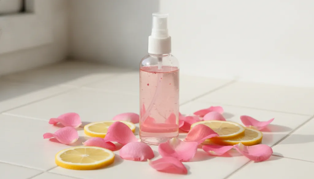 A clear spray bottle filled with a pink-tinted rose water and lemon toner surrounded by fresh pink rose petals and lemon
