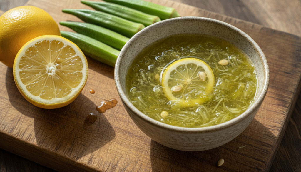 Close-up of a DIY okra and lemon mask mixture in a small bowl with sliced okra and a lemon half nearby on a wooden surfa